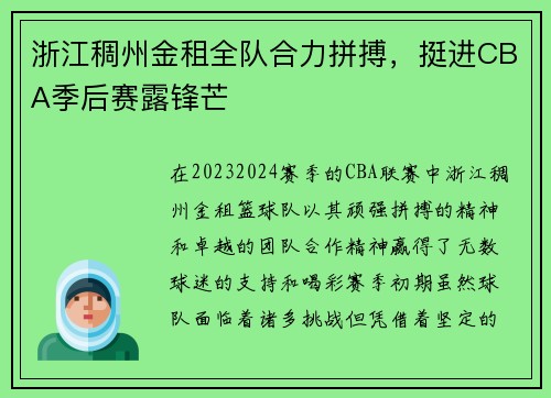 浙江稠州金租全队合力拼搏，挺进CBA季后赛露锋芒