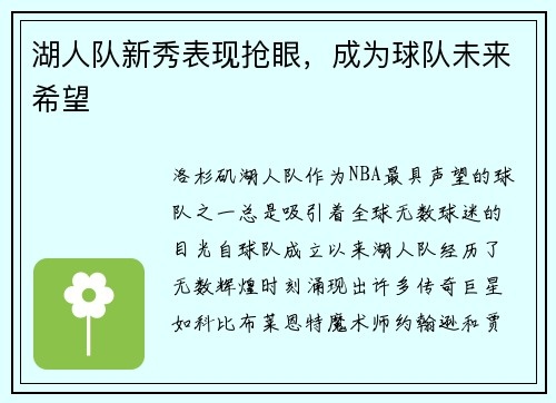 湖人队新秀表现抢眼，成为球队未来希望