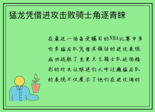 猛龙凭借进攻击败骑士角逐青睐