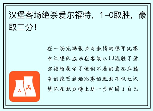 汉堡客场绝杀爱尔福特，1-0取胜，豪取三分！