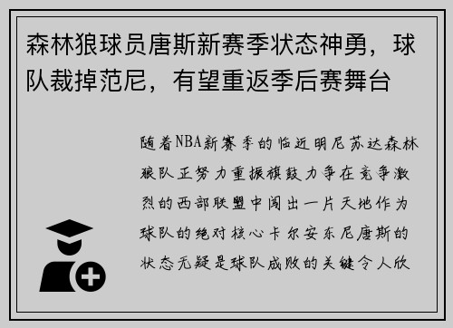 森林狼球员唐斯新赛季状态神勇，球队裁掉范尼，有望重返季后赛舞台