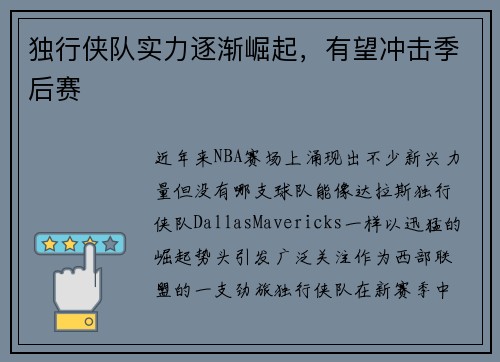 独行侠队实力逐渐崛起，有望冲击季后赛